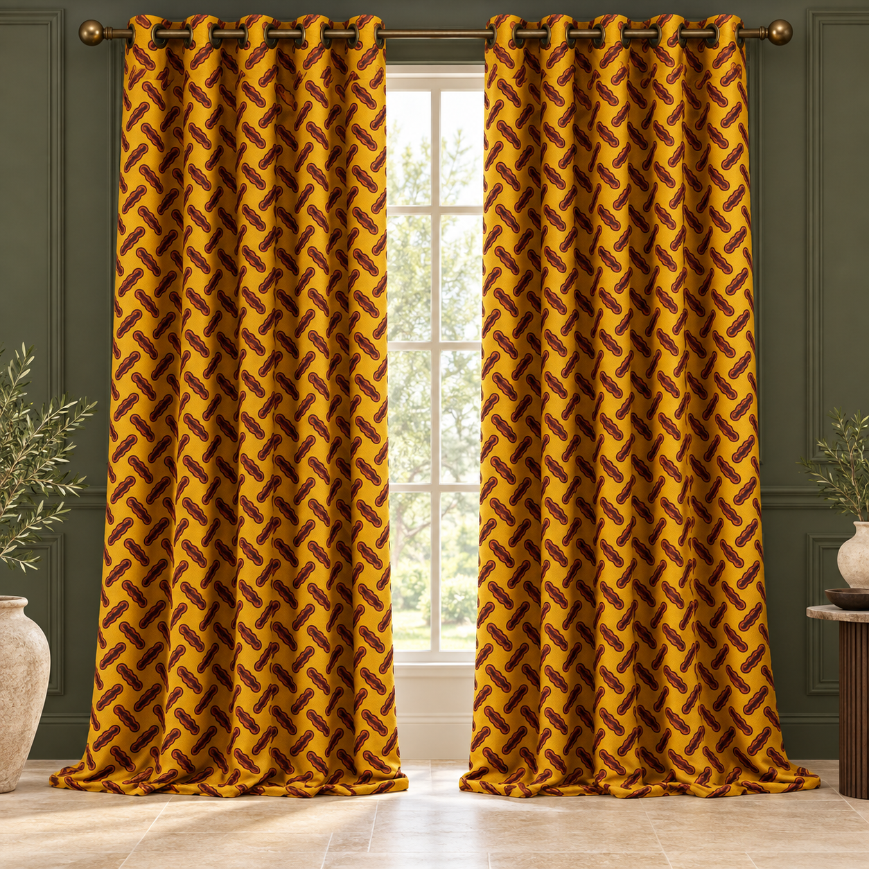 Rideau ethnik jaune à motifs